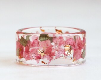 Resin Ring with Pressed Pink Petals, Green Rose Leaves and Gold/Silver/Copper Flakes, Wide Ring with Real Flowers