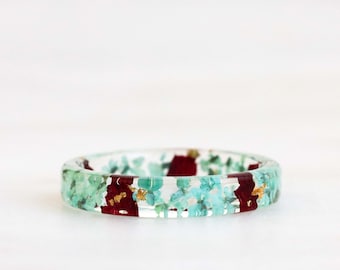 Thin Resin Ring with Pressed Mint Queen Anne's Lace Flowers and Red Tulip Petals - Dried Flowers Inside