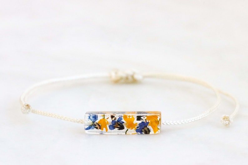 Pendant Bracelet with Real Pressed Forget-Me-Not and Alyssum Flowers Inside, Textile Cord Bracelet, Friendship Gift, Nature Inspired Gift image 1
