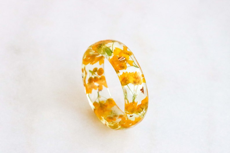 Resin Ring with Yellow Flowers, Radiant Faceted Resin Ring with Real Yellow Alyssum Flowers and Metallic Flakes, Nature Inspired Jewelry image 1