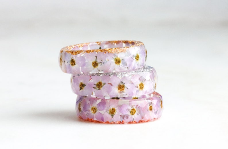 Pink Forget-Me-Not Resin Ring, Pressed Flowers and Silver/Gold/Copper Flakes Inside, Nature Inspired Jewelry, Mother's Day Gift image 8