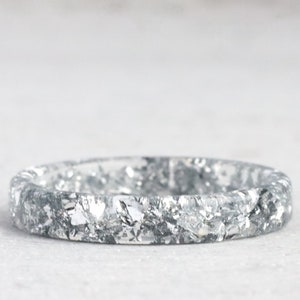 Thin Silver Ring, Resin Band With Metal Flakes, Stackable High-Shine Ring, Mother's Day Gift, Birthday Gift