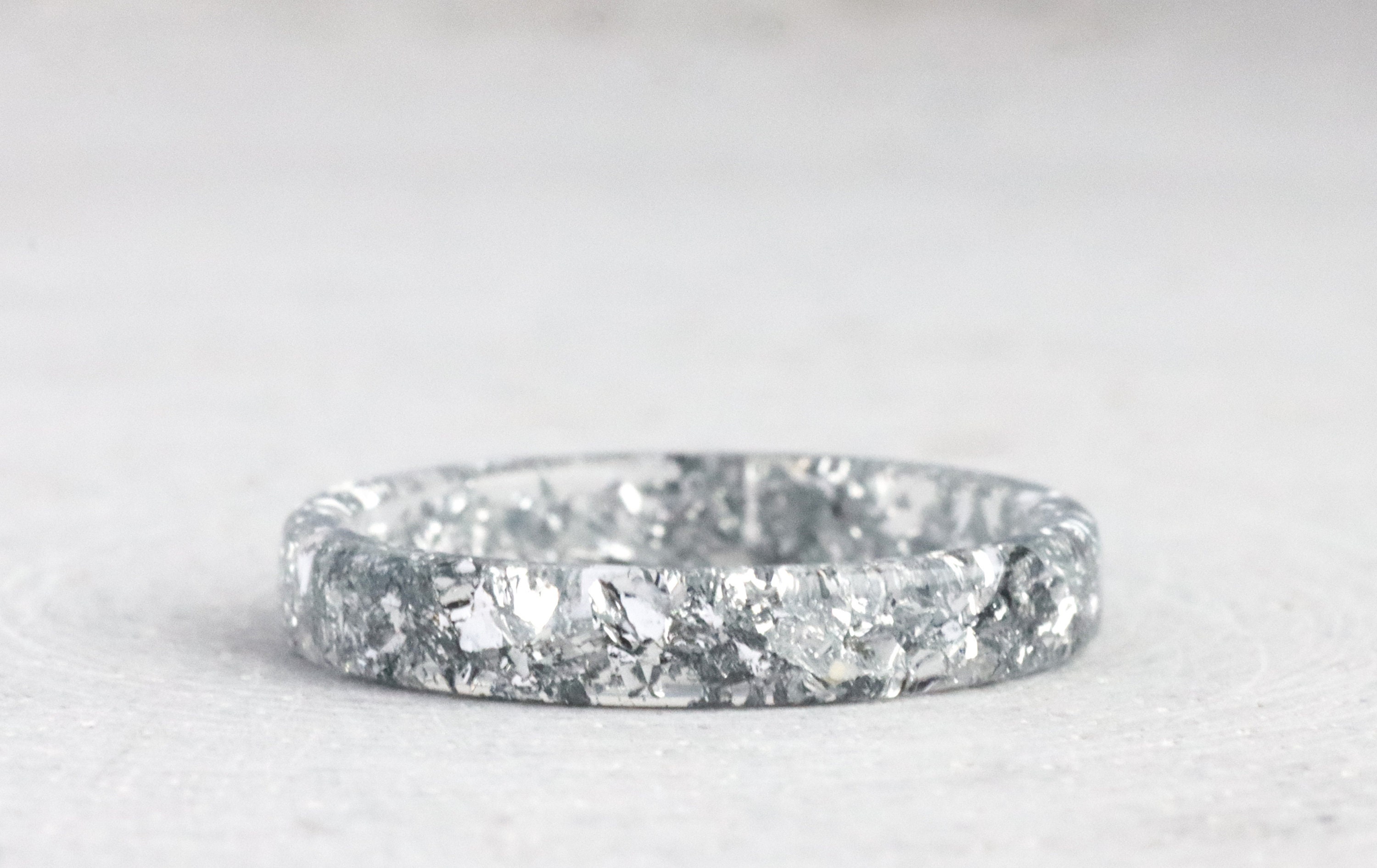 Silver Flake Thin Ring, Clear Resin Stackable Band, Minimalist 