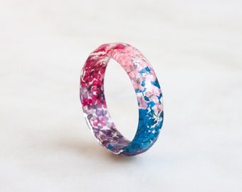 Resin Ring with Pressed Pink, Purple, Blue Queen Anne's Lace Flowers and Silver/Gold/Copper Flakes, Faceted Ring, Birthday Gift