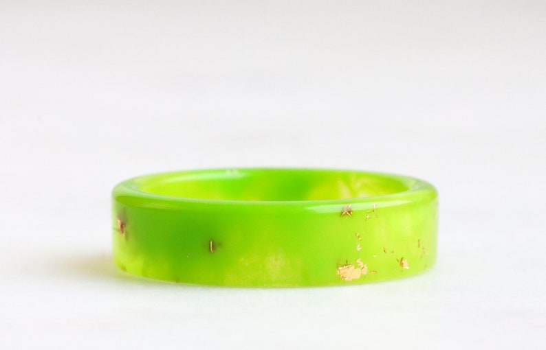 Lime Green Resin Ring with Gold/Silver/Copper Flakes, Non-Faceted Resin Ring, Nature Inspired Handmade Jewellery, Mother's Day Gift image 6