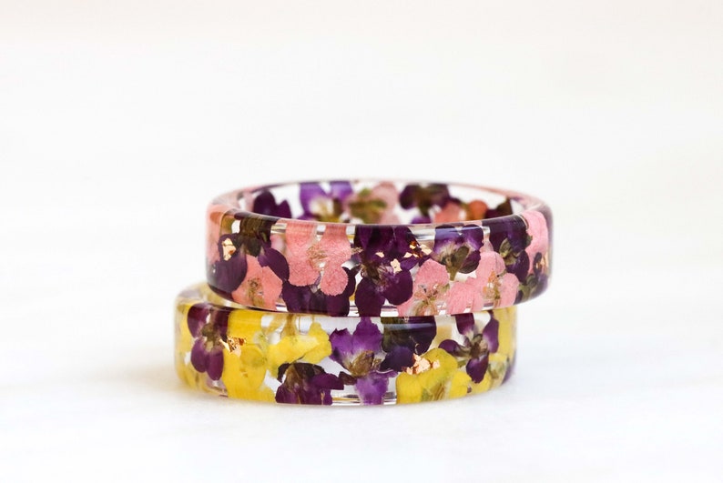 Resin Ring With Real Alyssum Flowers and Gold/Silver/Copper Flakes Inside, Nature Inspired Handmade Jewelry, Valentine's Day Gift image 4
