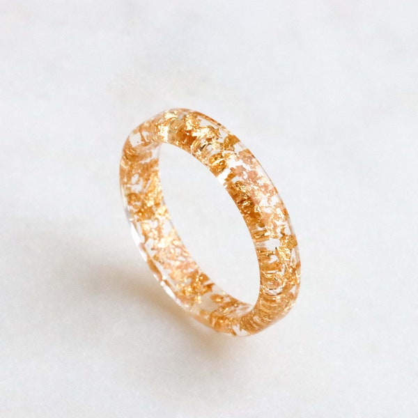 Thin Gold Ring, Resin Ring With Gold Flakes, Clear Ring Band, Stackable Ring, Mother's Day Gift