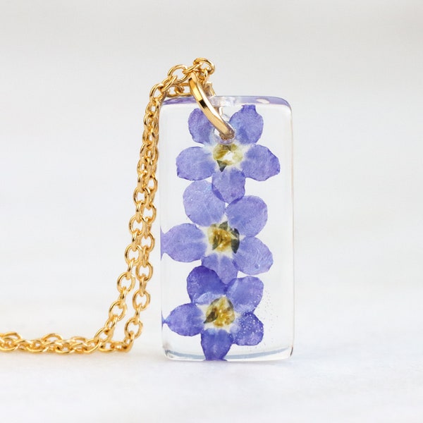 Collier pendentif fleurs myosotis violet - Collier en résine inspiré de la nature - Fleur de naissance de septembre