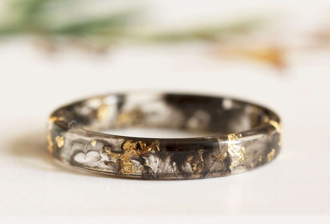 Thin Resin Ring Black Ring With Gold/silver/copper Flakes Etsy