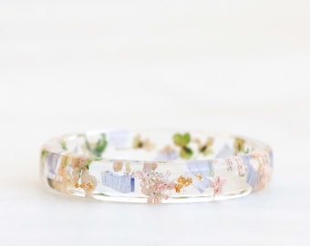 Thin Resin Ring with Pressed Pink Blue Flowers and Gold/Silver/Copper Flakes, Nature Inspired Jewelry, Christmas Gift