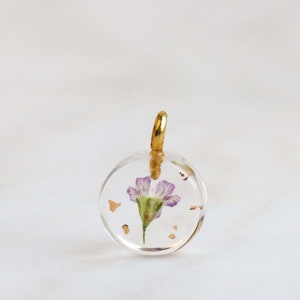 Charm Pendant with Tiny Light Purple Flower and Gold/Silver Flakes, Nature Inspired Gift, Floral Charm, Cute Charm, Handmade Jewelry