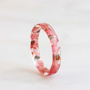 Thin Resin Ring With Pressed Pink Petals, Green Leaves and Gold Flakes, Nature Inspired Resin Jewellery