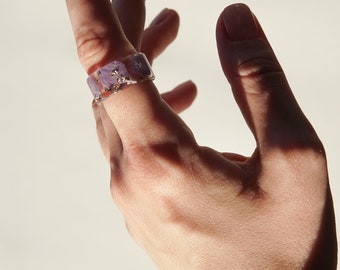 Resin Ring with Pressed Purple Petals and Gold Flakes, Wide Ring with Real Flowers, Transparent Ring, Mother's Day Gift