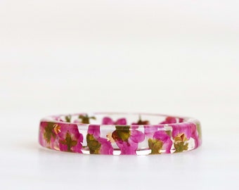 Thin Resin Ring With Real Pink Alyssum Flowers and Gold/Silver/Copper Flakes, Nature Inspired Resin Jewellery - Friendship Gift