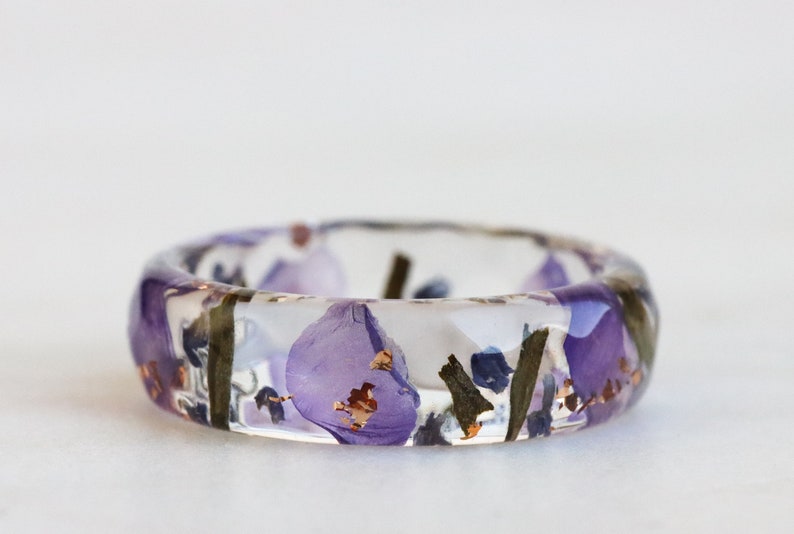 Lavender Resin Ring with Pressed Flowers and Leaves Dried Lavender Clear Blue Purple Green Ring Real Flowers Inside image 5