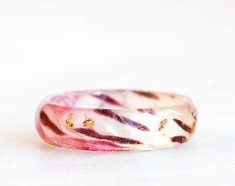 Faceted Resin Ring with Real Pressed Flower Petals, Pink & White Tones