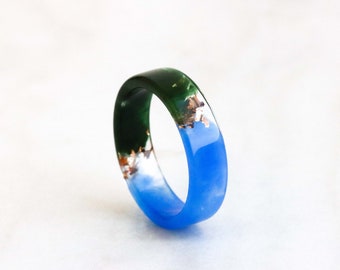 Two-Sided Ring, Green Blue Resin Band, Nature Inspired Band with Gold/Silver/Copper Flakes, Chunky Ring, Mix-And-Match Jewelry