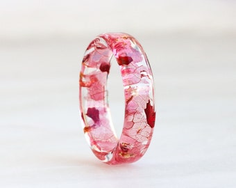 Resin Ring With Pressed Pink Petals, Red Leaves and Gold/Silver/Copper Flakes, Nature Inspired Resin Jewellery, Mother's Day Gift