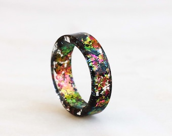 Resin Ring with Multicoloured Flakes Inside, Non-Faceted Resin Ring, Nature Inspired Handmade Jewellery, Birthday Gift