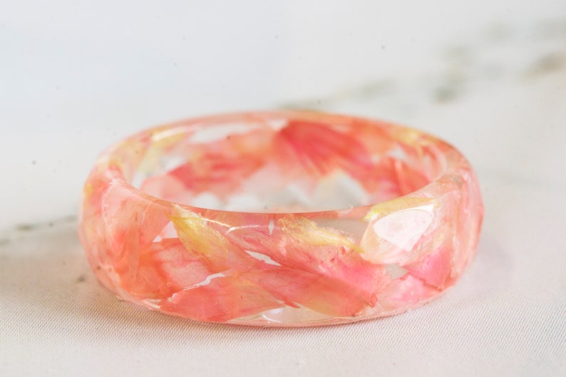 Eco Resin Ring Band with Natural Pressed Оrchid Petals and Gold Flakes and nature moss.