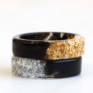 Two-Sided Ring, Black and Gold/Silver Resin Band, Nature Inspired Band with Gold/Silver Flakes, Chunky Ring, Mix-And-Match Jewelry image 3