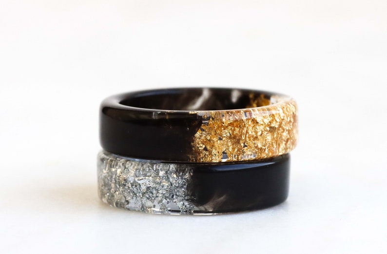 Two-Sided Ring, Black and Gold/Silver Resin Band, Nature Inspired Band with Gold/Silver Flakes, Chunky Ring, Mix-And-Match Jewelry image 3