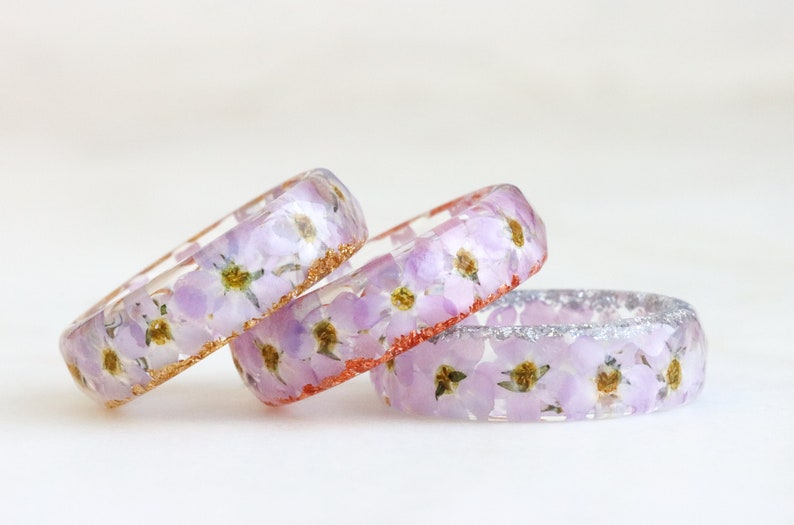 Pink Forget-Me-Not Resin Ring, Pressed Flowers and Silver/Gold/Copper Flakes Inside, Nature Inspired Jewelry, Mother's Day Gift image 4
