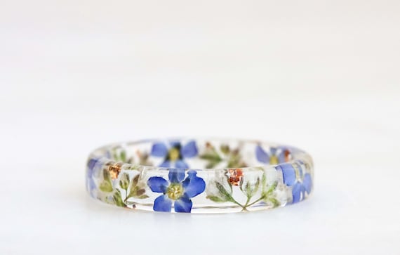 Forget Me Not Ring, Clear Resin Ring with Pressed Flower Flakes, Nature Inspired Stacking Ring, Gift for Her