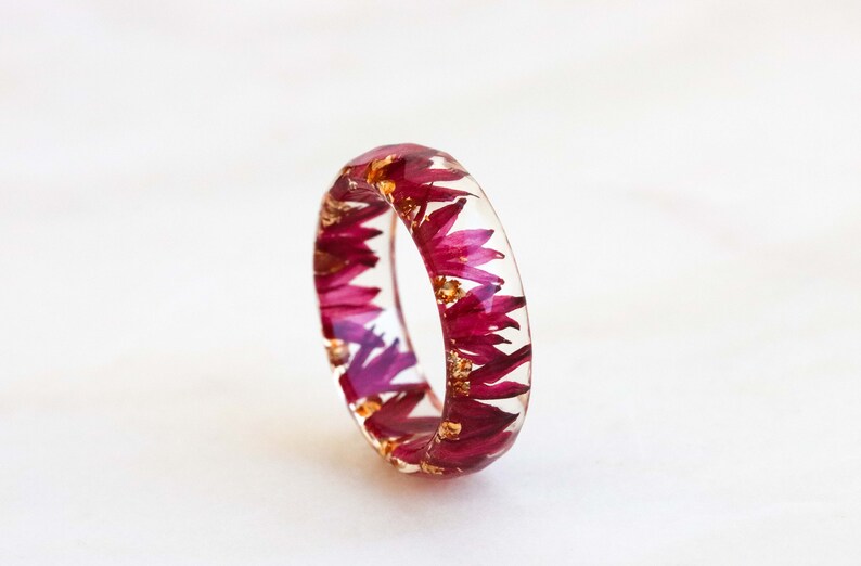 Resin Ring with Burgundy Bachelor Button Flower PetalsㆍCornflower Petals and Gold/Silver/Copper Flakes Inside ㆍNature Inspired Jewelry image 1