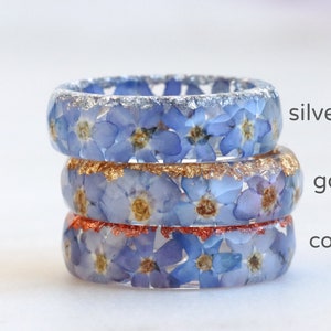 Bague myosotis Jonc floral avec fleurs bleu clair et flocons d'or/argent/cuivre Bijoux en résine Bague à facettes avec petites fleurs image 4