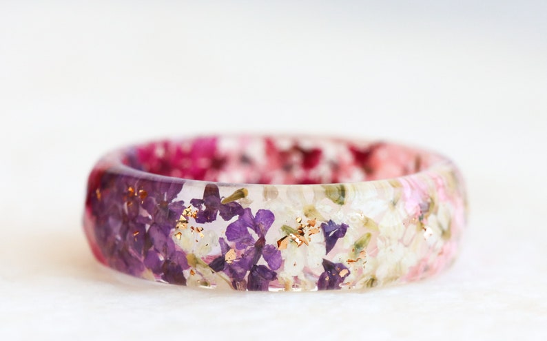 Resin Ring with Pressed Pink, Purple, White Queen Anne's Lace Flowers and Silver/Gold/Copper Flakes, Faceted Ring image 1