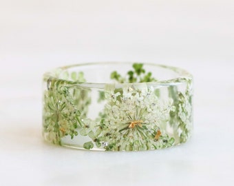 Wide Ring with Pressed Real White Green Queen Anne's Lace Flowers and Gold/Silver/Copper Flakes, Nature Inspired Resin Ring