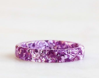 Nature Inspired Resin Ring With Purple Flakes, Thin Ring, Clear Ring Band, Stackable Band, Christmas Gift