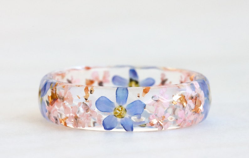 Resin Ring with Pressed Blue Forget-Me-Not, Pink Queen Anne's Lace Flowers and Silver/Gold/Copper Flakes, Nature Inspired Jewelry gold flakes