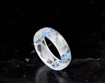 Forget-Me-Not and Dandelion Flowers Resin Ring with Gold/Silver/Copper Flakes - Nature Inspired Jewellery with Real Flowers Inside