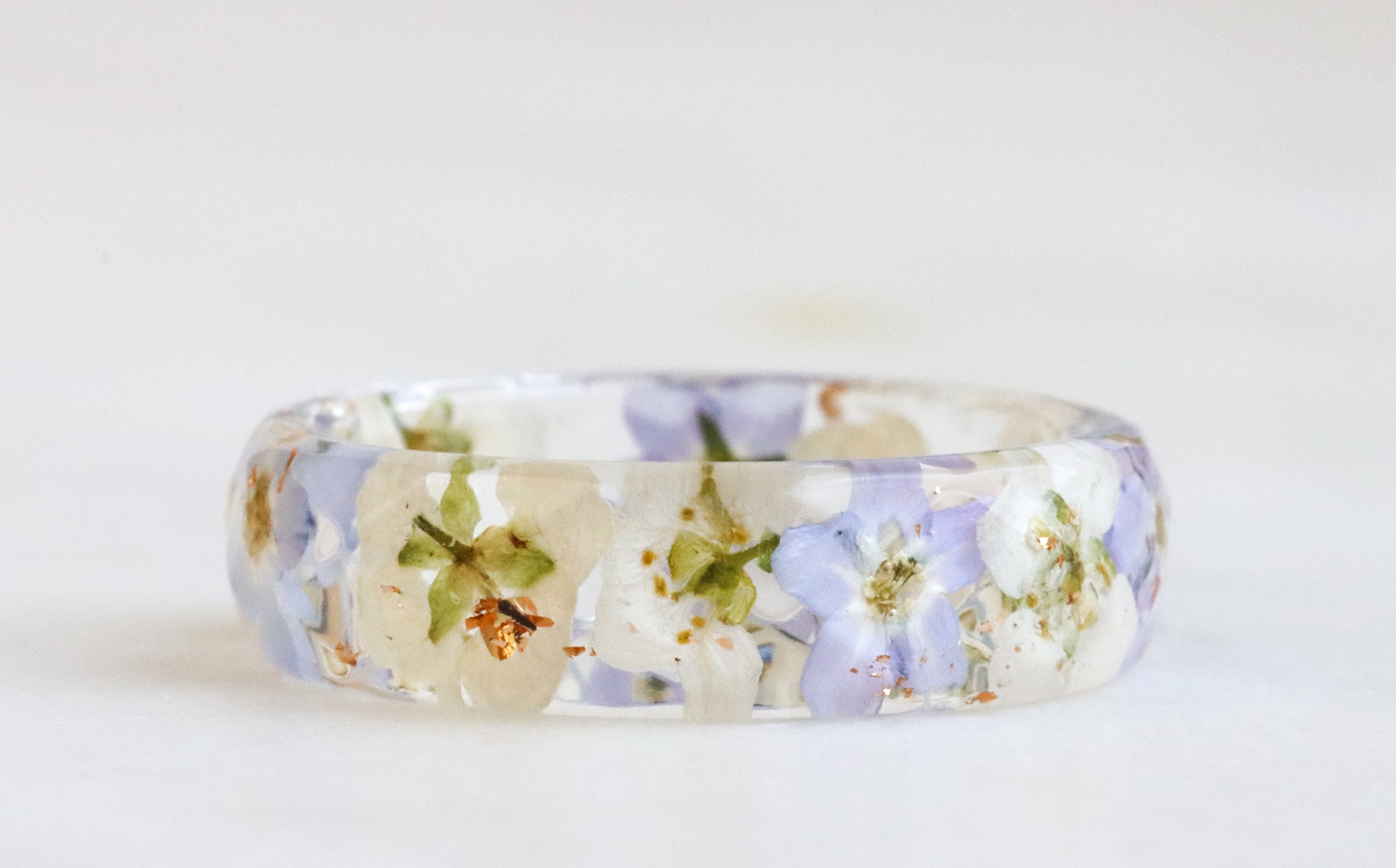 Resin Ring with Pressed Forget-Me-Not, White Alyssum Flowers and Silver/Gold/Copper Flakes, Nature Inspired Mother's Day Gift