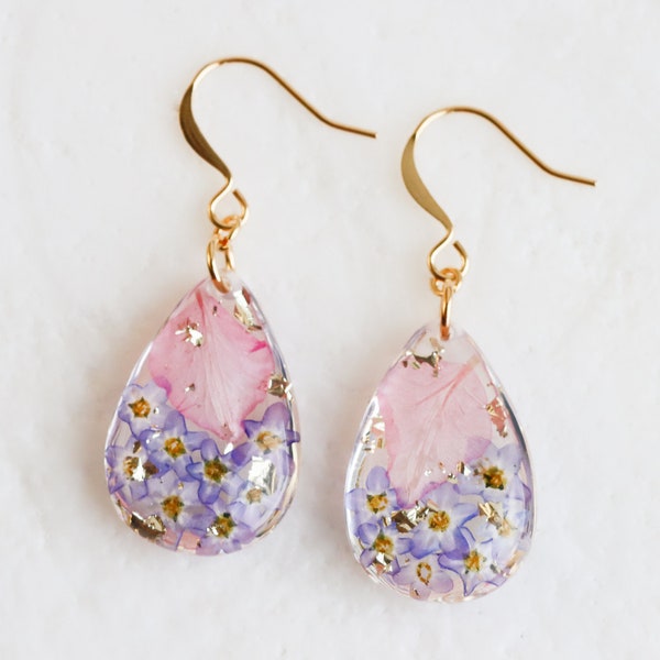 Nature Inspired Resin Earrings With Pressed Petals and Gold Flakes - Forget-Me-Not and Rocket Larkspur Flowers Petals - Clear Drop Earrings
