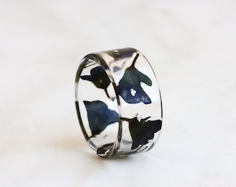 Floral Resin Ring, Real Blue Green Flowers Inside, Wide Ring with Gold/Copper/Silver Flakes, Nature Inspired Jewelry