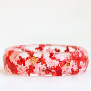 Resin Ring with Pressed Pink, Red Queen Anne's Lace Flowers and Silver/Gold/Copper Flakes, Faceted Ring, Valentine's Day Gift
