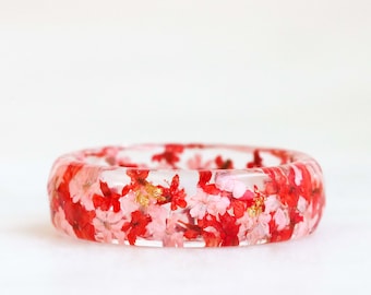 Resin Ring with Pressed Pink, Red Queen Anne's Lace Flowers and Silver/Gold/Copper Flakes, Faceted Ring, Valentine's Day Gift