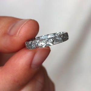 Silver Flake Thin Ring, Clear Resin Stackable Band, Minimalist Jewelry