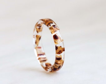 Nature Inspired Resin Ring Band with Dried Tiger Lilly Petals and Gold/Silver/Copper Flakes, Valentine's Day Gift, Brown Ring