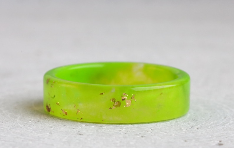 Lime Green Resin Ring with Gold/Silver/Copper Flakes, Non-Faceted Resin Ring, Nature Inspired Handmade Jewellery, Mother's Day Gift image 9