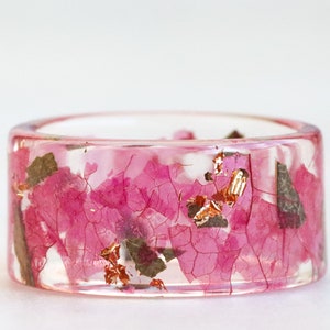 Resin Ring with Pressed Fuchsia Petals, Green Rose Leaves and Gold/Silver/Copper Flakes, Wide Ring with Real Flowers