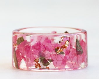 Resin Ring with Pressed Fuchsia Petals, Green Rose Leaves and Gold/Silver/Copper Flakes, Wide Ring with Real Flowers