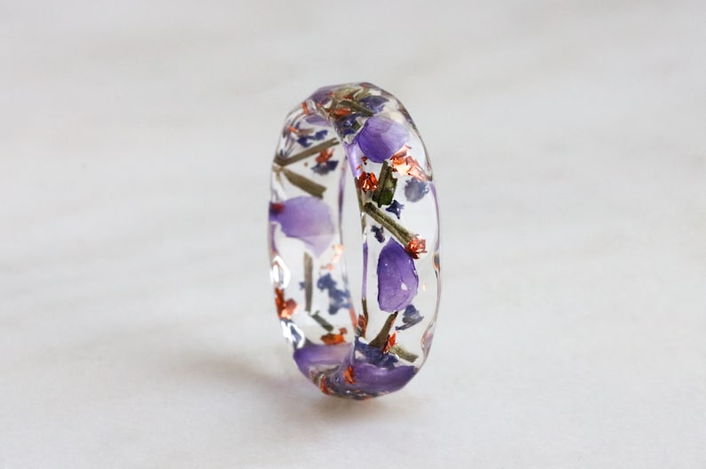 Lavender Resin Ring with Pressed Flowers and Leaves Dried Lavender Clear Blue Purple Green Ring Real Flowers Inside image 1