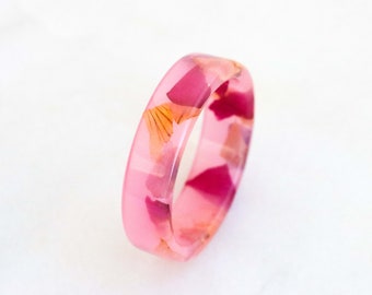 Pink Resin Ring With Real Pressed Pink Yellow Petals, Nature Inspired Resin Jewellery, Rose Pink Band, Mother's Day Gift