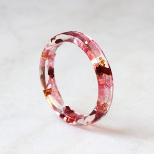 Thin Resin Ring With Pressed Pink Petals, Read Leaves and Gold/Silver/Copper Flakes, Nature Inspired Resin Jewellery, Real Flowers Inside