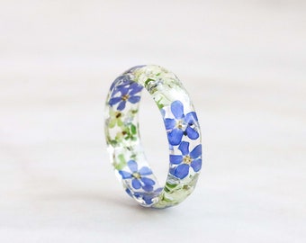 Blue Floral Resin Band, Forget-Me-Not and Queen Anne's Lace Pressed Flower Ring
