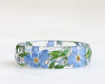 Resin Ring with Pressed Blue Forget-Me-Not, Green Leaves and Silver/Gold/Copper Flakes, Nature Jewelry, Mother's Day Gift